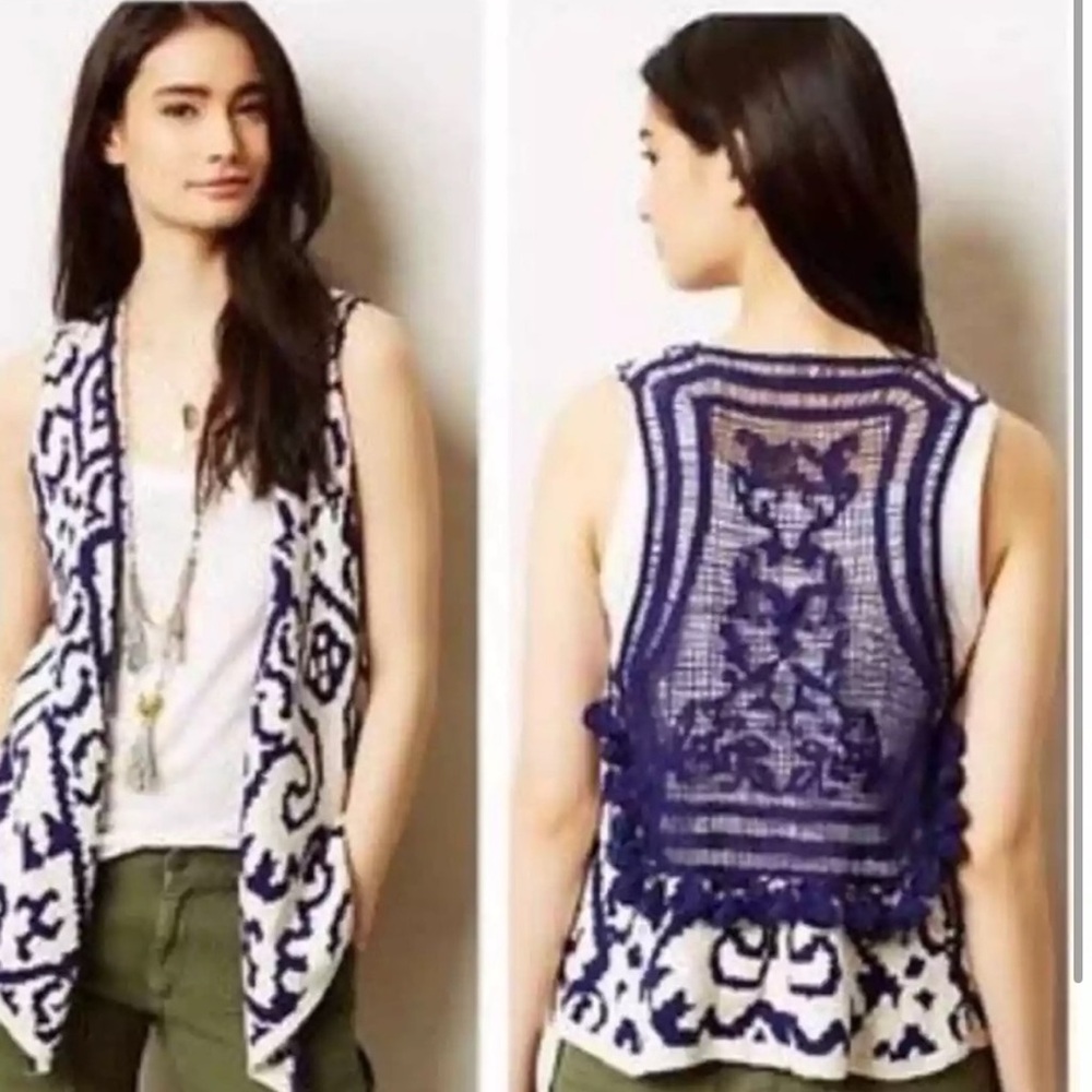 Anthropologie MOTH Boho Turson Netted Crochet Tassel Vest size M/L - Picture 3 of 11